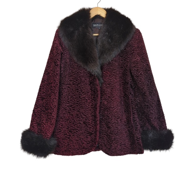 Vintage Burgundy Faux Persian Lamb Coat w/Faux Fur Trim Retro Glam - Picture 6 of 16